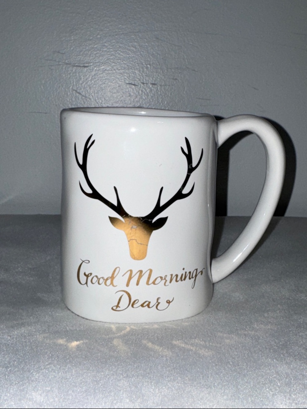 New ‘Good Morning Dear’ Crackled Gold & White Deer Head logo Large Coffee Mug